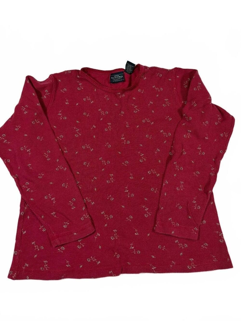Women's Sonoma Red Floral Print Waffle Knit Cotton Long Sleeve Size XS